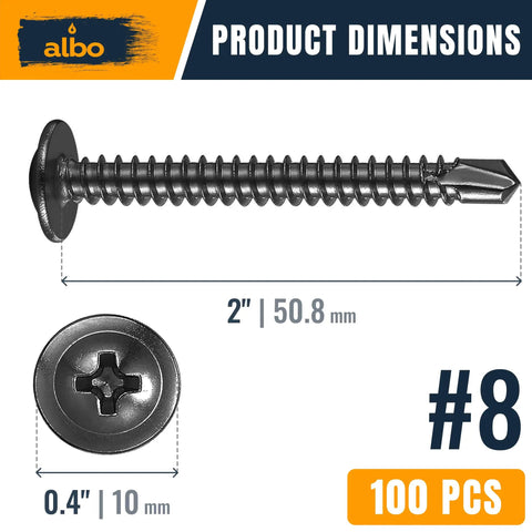 Pro Grade Black Stainless Steel Self Drilling Screws 100 Pack Size Eight By Two Inch Truss Head dimensions image showing 2" length and 0.4" head diameter.