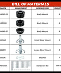 Bill of materials for Polyurethane Body Mount Bushing Kit With Steel Sleeves For Ford F 250 F 350 Super Duty 2008 Through 2016
