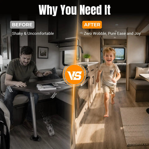 Before and after comparison of RV stabilization: wobbling table vs. stable environment, highlighting Take The Wobblies Straight Out Your Rig With Heavy Duty Rv Stabilizer Legs Using Ratchet Tension On I Beam Mounts For Smooth Anti Sway Camper Leveling And Serious Leg Hold Under Pressure.