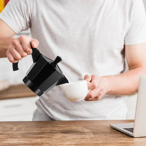 Pouring coffee with 6 Cup Electric Moka Pot Espresso Maker 300ml Portable Aluminum Coffee Brewer Detachable Base Travel Friendly Black