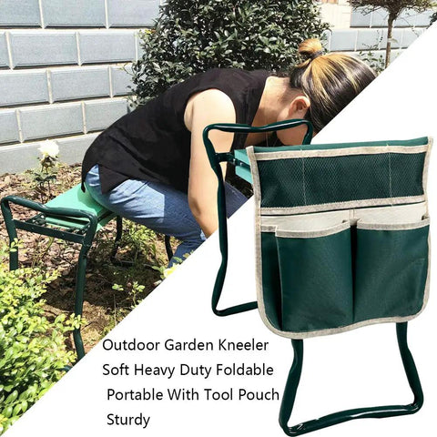 Durable Garden Tool Pouch With Side Pockets And Portable Folding Kneeler Bag Made From 600D Oxford Cloth displayed outdoors