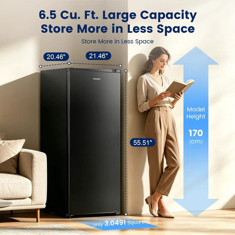 Premium Straight Up Slick 6.5 Cubic Foot Freestanding Upright Freezer For Tight Apartment Spaces next to a woman reading a book.