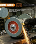Heavy Duty Six Inch Sixty Grit Silicon Carbide Grinding Wheel Paired With Hardcore Carbon Steel Wire Brush Set For Bench Grinders With Half Inch Spindle in use with sparks flying.