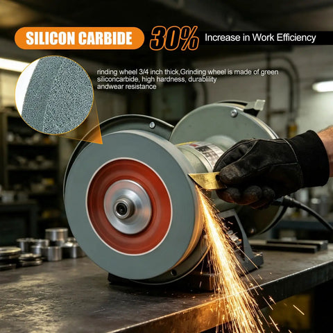 Heavy Duty Six Inch Sixty Grit Silicon Carbide Grinding Wheel Paired With Hardcore Carbon Steel Wire Brush Set For Bench Grinders With Half Inch Spindle in use with sparks flying.