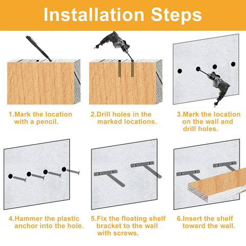Installation steps for Rock Solid Four Inch Floating Shelf Brackets Set Of Four In Matte Black Featuring Invisible Mounting.