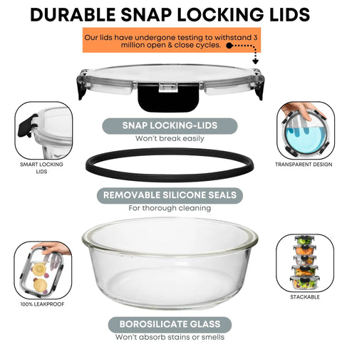 Durable snap locking lids and borosilicate glass in 30 Piece Glass Food Storage Containers Set With Lids For Meal Prep And Leftovers