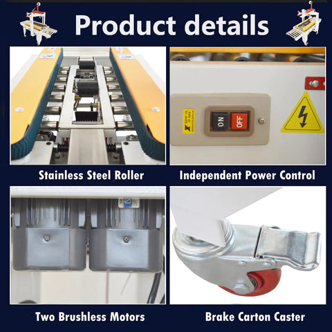 Intsumai Auto Tape Case Sealer Box Carton Packing Machine Adjustable Width Height 3.15 To 11.8 Inches Continuous Tape Dispenser showing stainless steel roller and brushless motors.