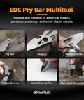 EDC Pry Bar Multitool in gray metal; collage of pry bar, wrench, bottle opener, pen and screwdrivers