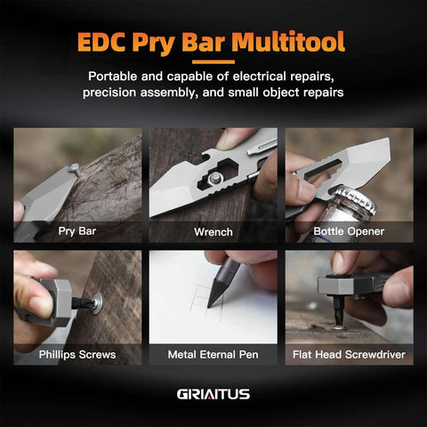 EDC Pry Bar Multitool in gray metal; collage of pry bar, wrench, bottle opener, pen and screwdrivers