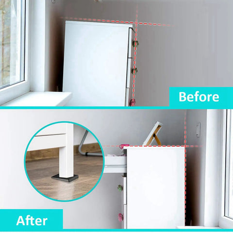 Before and after comparison showing Adjustable Plastic Shims And Table Wedges For Furniture Leveling under a furniture leg.
