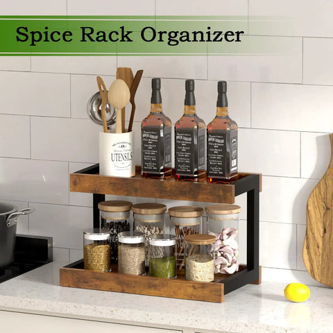 Two Tier Countertop Spice Rack Organizer In Rustic Brown Wood Finish with spices and bottles on kitchen counter.