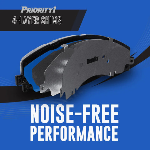 Priority1 CFC2045 Ceramic Front Brake Pads showing 4-layer shims and Bendix logo for noise-free performance