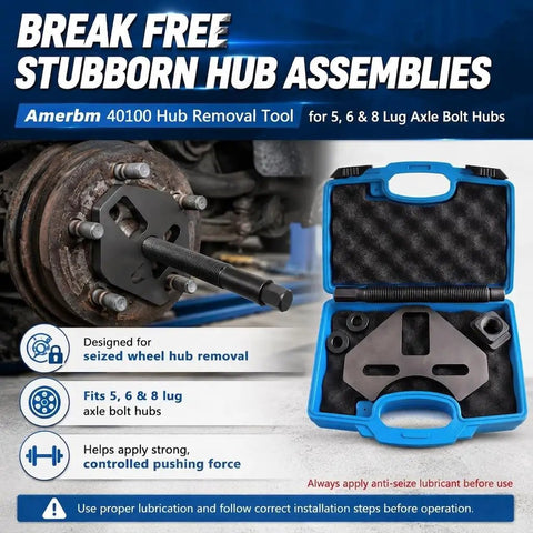 Built Tough Wheel Hub Puller Kit Compatible With 5 6 And 8 Lug Cars Trucks Steel hub removal tool with slotted plate in case.