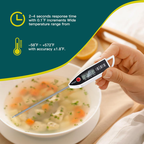 Hand using Six Piece Waterproof Digital Food Thermometer Set With Long 9.2 Inch Probes to check soup temperature.