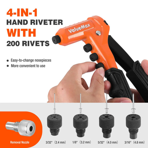 Heavy Duty Four In One Rivet Gun Kit With 200 Rivets And Four Interchangeable Nosepieces showing ease of nosepiece change