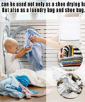 Child helps with laundry next to Durable Sneaker Laundry Bag With Zipper And Straps, honeycomb mesh shown in washing environment.