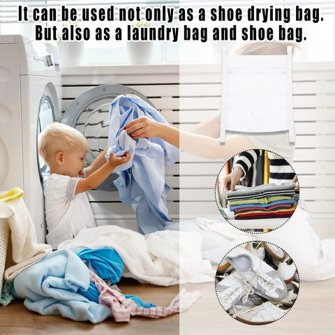 Child helps with laundry next to Durable Sneaker Laundry Bag With Zipper And Straps, honeycomb mesh shown in washing environment.