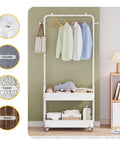 Clothing rack on wheels with hanging clothes and storage, various flooring types highlighted, soft rubber swivel caster wheels.