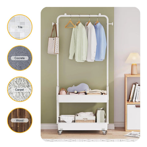 Clothing rack on wheels with hanging clothes and storage, various flooring types highlighted, soft rubber swivel caster wheels.