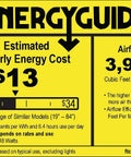 EnergyGuide label for 52 Inch Oil Brushed Bronze Ceiling Fan With Three Lights And B10 Bulbs Included, showing $13 yearly cost and 3,915 CFM airflow.