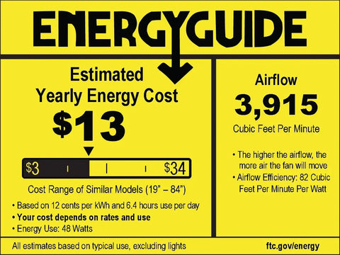 EnergyGuide label for 52 Inch Oil Brushed Bronze Ceiling Fan With Three Lights And B10 Bulbs Included, showing $13 yearly cost and 3,915 CFM airflow.
