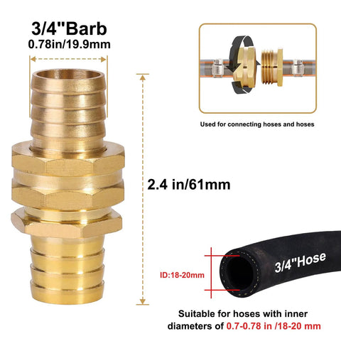 Heavy Duty Brass Garden Hose Repair Kit With Two Sets Of Male And Female Three Quarter Inch Barb Fittings Stainless Clamps And Extra Washers For Quick Leak Free Hose Repairs And No Fuss Outdoor Use