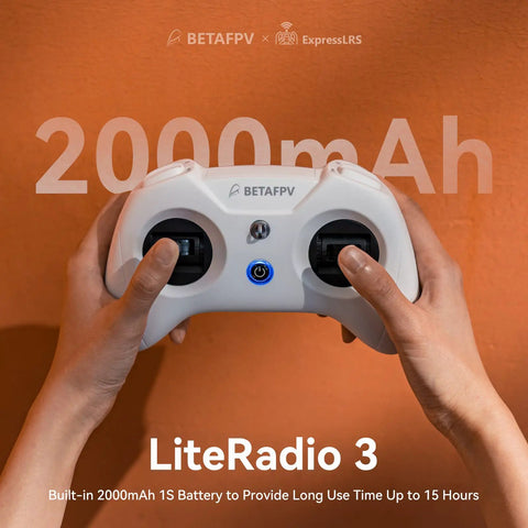 Hands holding LiteRadio 3 Remote Control Transmitter With Nano Bay For External TX Module And FPV Simulator Configurator.