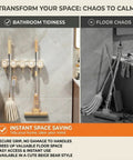 Broom Holder Wall Mount Self Adhesive Mop And Broom Organizer With 4 Grippers And 5 Hooks in bathroom setting.