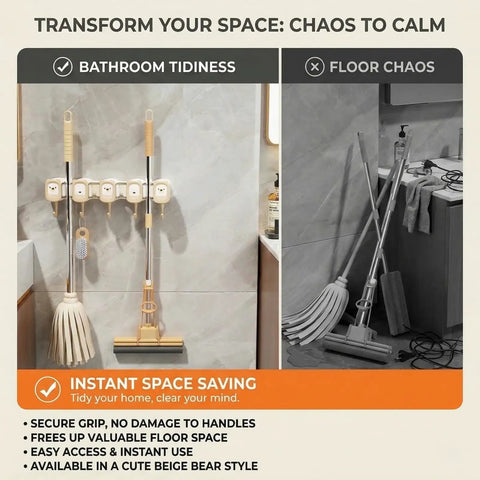 Broom Holder Wall Mount Self Adhesive Mop And Broom Organizer With 4 Grippers And 5 Hooks in bathroom setting.