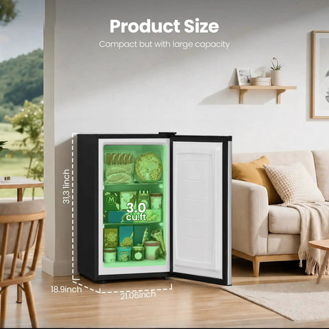 Compact 3.0 Cu Ft Upright Freezer In Silver With Moveable Shelves And A Lean Vertical Build Made For Tight Apartments Or Small Kitchens showcasing interior storage size with loaded shelves.