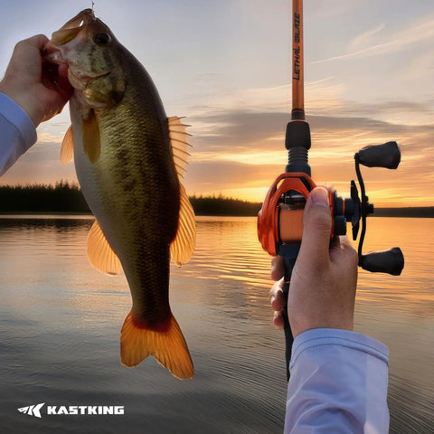 Angler holding bass and Lethal Blaze Baitcasting Fishing Reel With 7.3 To 1 Gear Ratio, low profile for freshwater fishing.