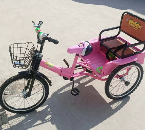 Pink Folding Three Wheel Tricycle With Rear Passenger Seat And Backrest, Tandem Rickshaw Style Pedals, Steel Frame, Hand Brake
