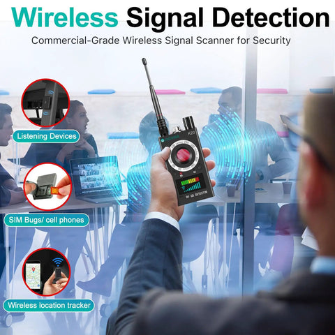 Person holding Hidden Camera Detector And RF Spy Finder For Hotels, Travel, Car, Office, And Home Privacy Protection
