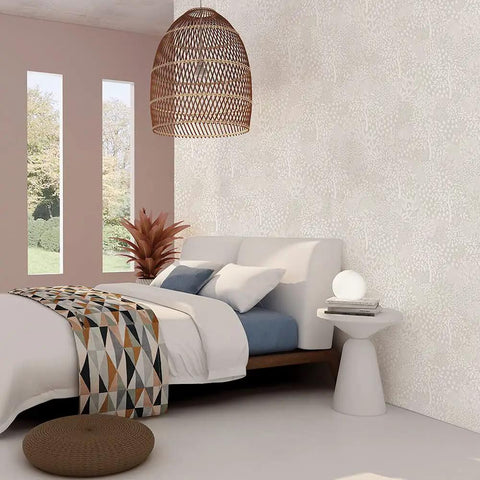 Bedroom with Whimsical Woodland Fantasy Peel And Stick Wallpaper In Cream And White No Mess Removable Wall Covering Easy To Reposition