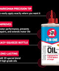 Small Electric Motor Oil 3 Oz Lubricant For Tiny Motors SAE 20 Equivalent Higher Viscosity For Extended Wear Protection Keeps One Quarter HP Machines Runin Smooth bottle with features highlighted.