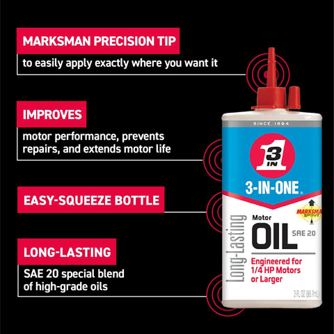 Small Electric Motor Oil 3 Oz Lubricant For Tiny Motors SAE 20 Equivalent Higher Viscosity For Extended Wear Protection Keeps One Quarter HP Machines Runin Smooth bottle with features highlighted.