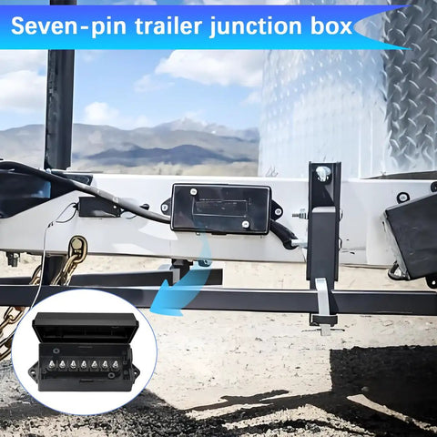 Top Shelf 7 Pin Trailer Junction Box Featuring Plug And Play Wiring, black housing attached to trailer hitch in outdoor setting.