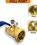 Beefy Two Pack Half Inch Full Port Brass Ball Valves with blue handle showing full flow and closing mechanism, 300 WOG for water, oil, gas