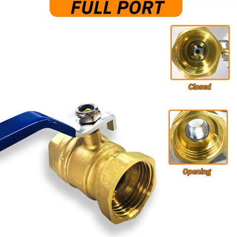 Beefy Two Pack Half Inch Full Port Brass Ball Valves with blue handle showing full flow and closing mechanism, 300 WOG for water, oil, gas