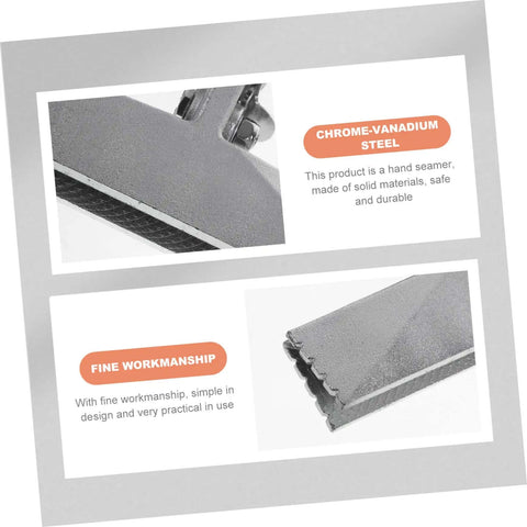 Close-up of Hand Seamer Metal Bender Tool material details and craftsmanship descriptions, highlighting chrome-vanadium steel quality.