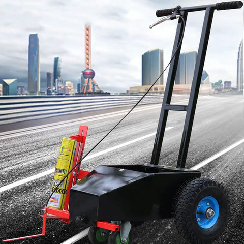 Heavy Duty Hand Push Line Paint Marker Roll Right Along Driveways Without Breaking A Sweat Crisp Stripe Applicator on paved road.