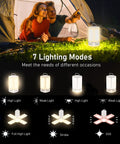 116 LED Rechargeable Camping Lantern With 360 Degree Bright Light for camping illustrating 7 lighting modes in tent scene
