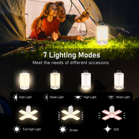 116 LED Rechargeable Camping Lantern With 360 Degree Bright Light for camping illustrating 7 lighting modes in tent scene