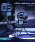 Two Pack Portable Stroller Fans With Extendable Tripod Clip shown on futuristic scene with octopus-shaped tripod