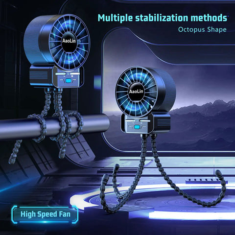 Two Pack Portable Stroller Fans With Extendable Tripod Clip shown on futuristic scene with octopus-shaped tripod