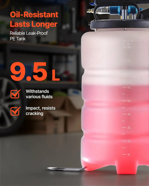 Pro Grade 9.5 Liter Fluid Extractor Pump With Pneumatic Manual Switch And Iron Clad No Drip Seal For Swift Oil Swaps On Cars Trucks Boats Lawnmowers Features Extra Long 59 Inch Hose And Three 47 Inch Extension Tubes in an oil-resistant PE tank.
