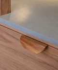 Oak Wood Oblique Angle 4.41 Inch Windbreaker Cabinet Door Handle In Antique Long Walnut Finish installed on drawer