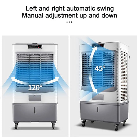 Beat The Sweltering Heat With This Hella Smooth Evaporative Air Cooler Portable 3 Speed Swamp Fan Offering 120 Degree Oscillation And Huge 55L Water Tank showing 120° and 45° oscillation features.