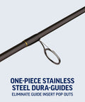 Close-up of Wrath II Six Foot Six Inch Fishing Rod And Spinning Reel Combo Size 2500 guide, stainless steel construction.