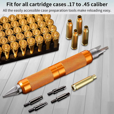 Ludex orange case-prep multi-tool with knurled grip, reamer bits and brass cartridge cases, front view